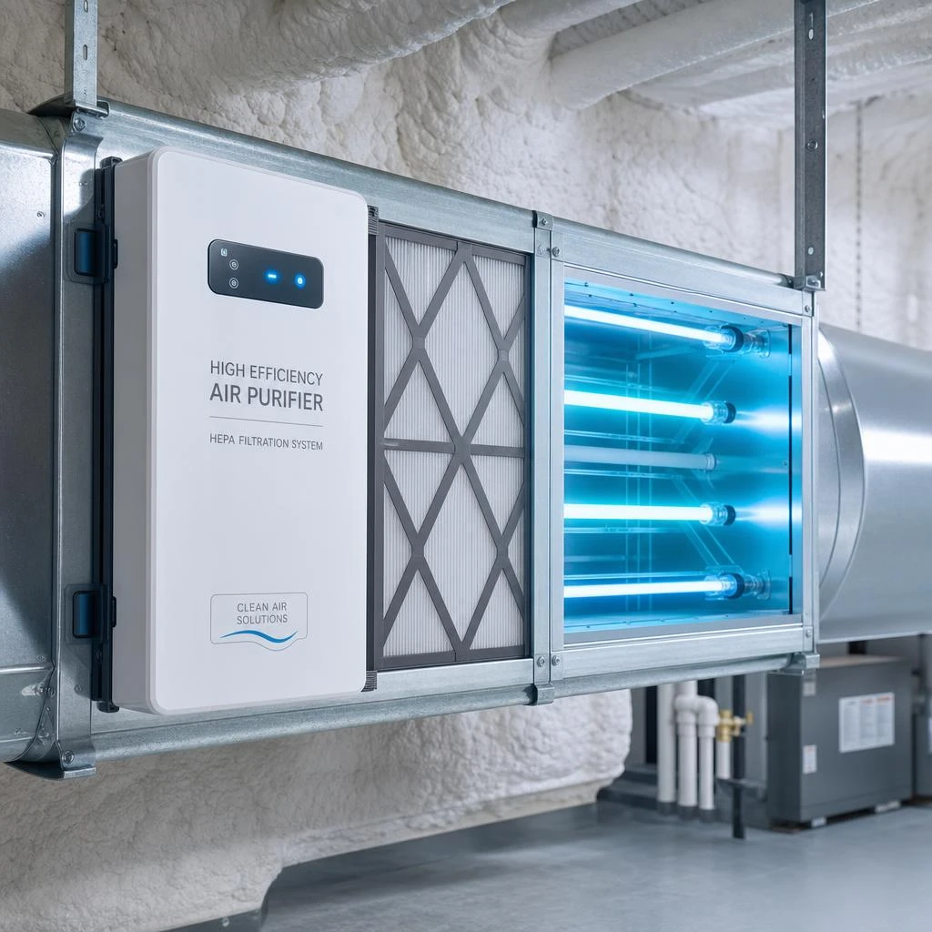 Whole-home air purifier with UV lights installed in ductwork